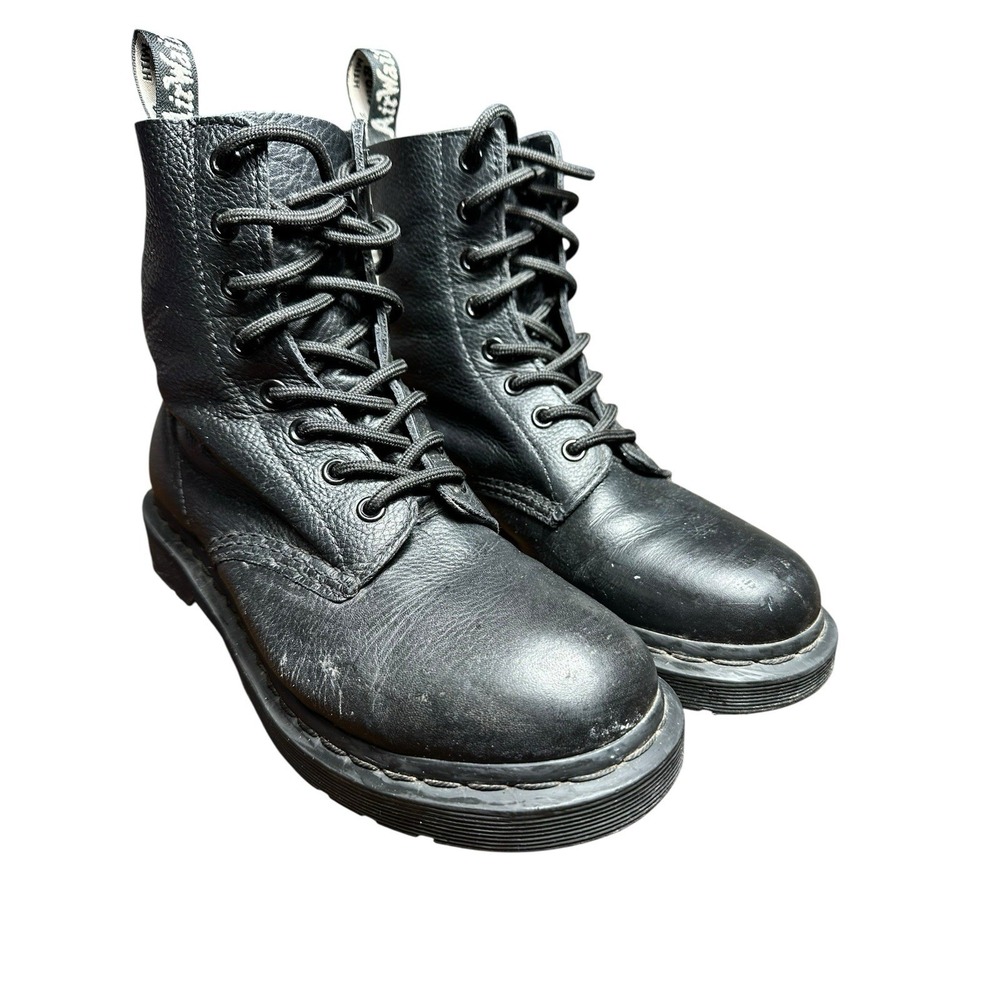 Dr. Martens Black Mono Lace Up Boots Sz 7 Virginia Leather 24479 Women's #S111-3